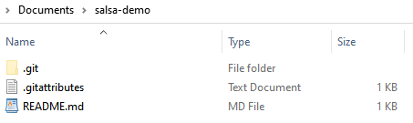 Show a file browser for the 'salsa-demo' repository. Contents are a 'git' folder, 'gitattributes' file, and a 'README' file.